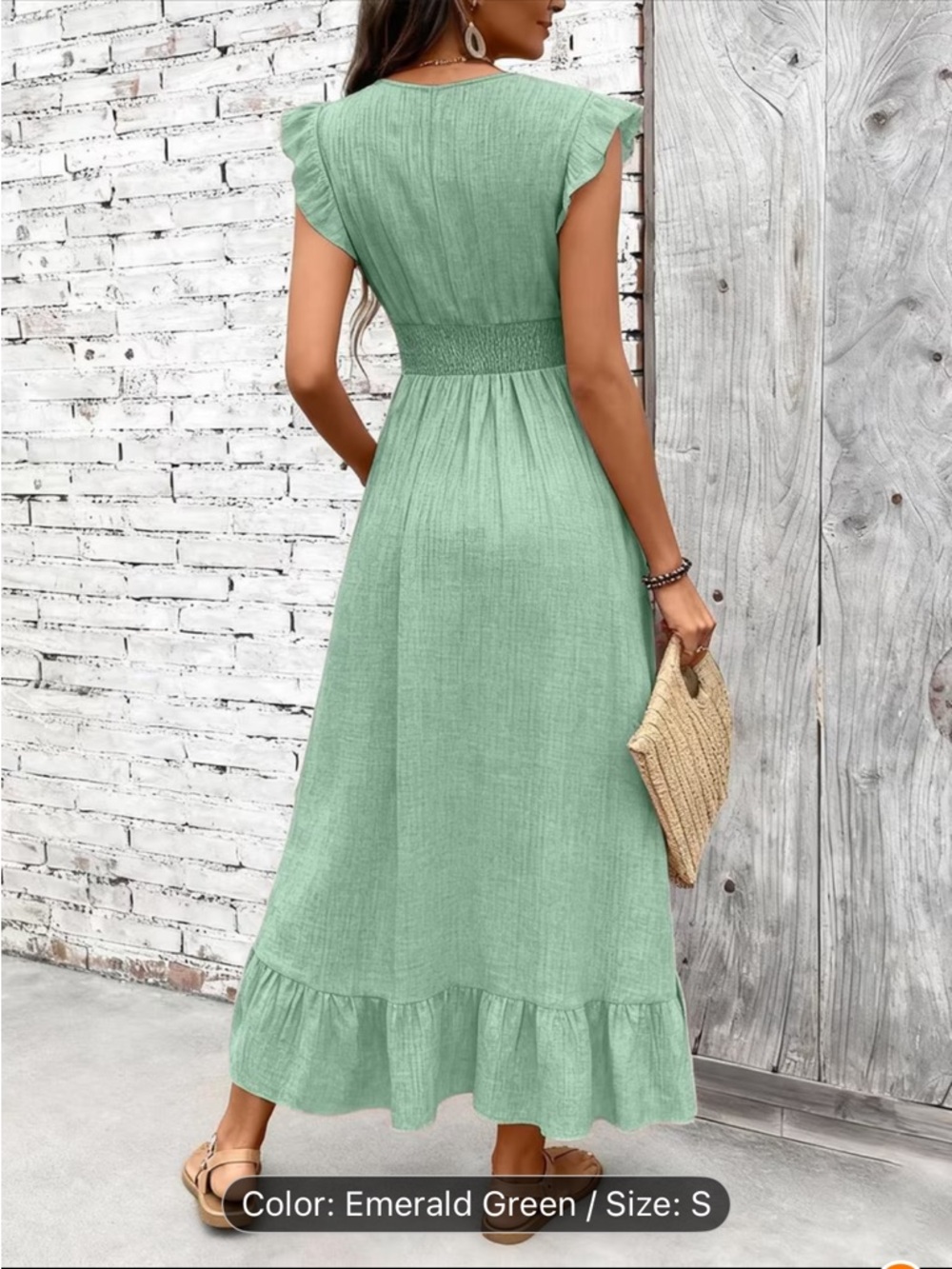 NWT. Emerald Green V-Neck Ruffle Hem Maxi Dress - Picture 2 of 6